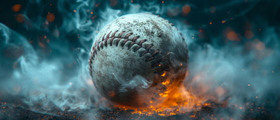 A baseball with smoke around, dark light and orange tones, black background. Space for text.