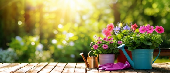 Sticker - Watering can and potting materials for a garden.