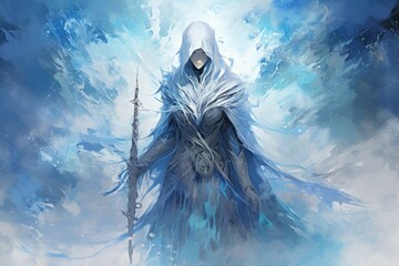 Poster - A frost mage, capable of freezing enemies in their tracks and summoning blizzards of icy destruction. - Generative AI