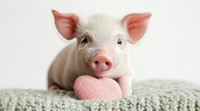 Small Cute Pink Pig Holding A Heart On A Blurred Background, Valentines Day, Love, Symbol, Postcard, February 14, Piglet, Animal, Character, Illustration