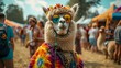 Funny alpaca at a music festival wearing colorful retro vintage 80's hippie outfit sunglasses carnival headdress made of flowers looking posing at camera
