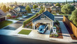 suburban home with large driveway captured from bird's eye view , EV charging