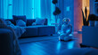 Uma sala de estar moderna e elegante é banhada por uma luz  L E D azul suave criando um ambiente futurista