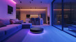 Uma sala de estar moderna e elegante é iluminada por suave iluminação ambiente projetando um caloroso brilho convidativo