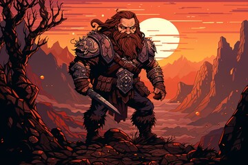 Poster - A battle-hardened dwarf warrior, renowned for skill with a warhammer and unyielding determination. - Generative AI