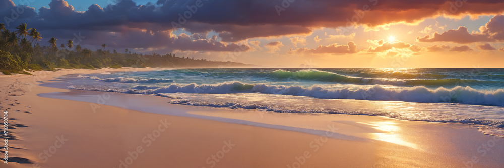 Mesmerizing ocean sunset: panoramic scene of a tropical beach with palm ...