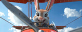 Animated rabbit piloting a red vintage airplane with excitement, fluffy ears blowing, clear blue sky, adventurous vibe, fun animation still, children's movie scene. Easter concept. Banner.