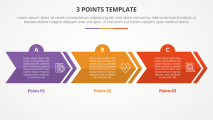 Wall Mural - 3 points stage template infographic concept for slide presentation with creative arrow horizontal block shape with 3 point list with flat style