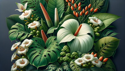 Wall Mural - A tropical botanical scene, abundant in various shades of green, featuring a diverse array of foliage and flowers, with a special focus on the iconic Monstera plant. Nature wallpaper background