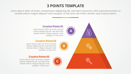 Wall Mural - 3 points stage template infographic concept for slide presentation with pyramid and circle outline point list with 3 point list with flat style