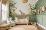 Serene nursery room with a safari theme, showcasing a natural wood crib, a whimsical jungle wall mural, wicker accents, and a round jute rug under soft ambient lighting
