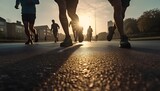 Fototapeta  - Start up of group of runners running at sunrise on the road, low view of the legs with the sun in front