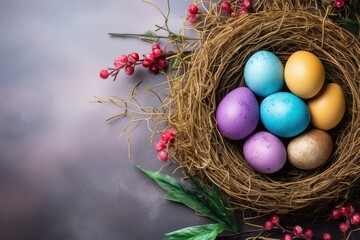 Happy Easter day decoration colorful eggs in nest on paper background with copy space - generative ai