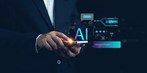 Poster - Ai technology, businessman show virtual graphic Global Internet connect Chat with AI, Artificial Intelligence. AI, using command prompt for generates something, Futuristic technology transformation.