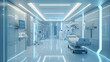 Equipamento médico e tecnológico futurista em destaque em uma sala de hospital moderna e elegante  Iluminação ambiente suave lança um brilho suave sobre a cena iluminando os robôs