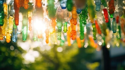 Wall Mural - Closeup of a community art project utilizing recycled plastic bottles to create a stunning and ecofriendly outdoor installation.