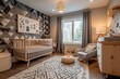 Chic nursery with a bold geometric wall mural, natural wood crib, gray armchair, and textured pouf on a contrasting tribal-patterned rug beside a warm wooden dresser