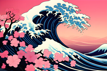 Wall Mural - delicate pink sakura and elegant wave dance: an abstract hokusai style background generative ai