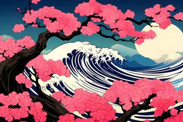 Wall Mural - delicate pink sakura and elegant wave dance: an abstract hokusai style background generative ai