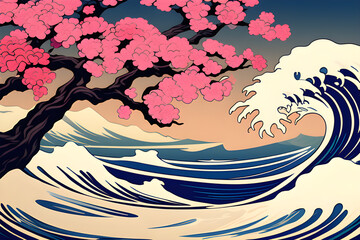 Wall Mural - delicate pink sakura and elegant wave dance: an abstract hokusai style background generative ai