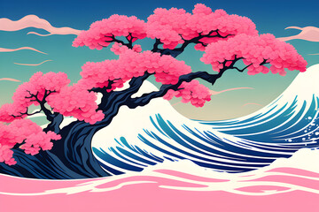 Wall Mural - delicate pink sakura and elegant wave dance: an abstract hokusai style background generative ai