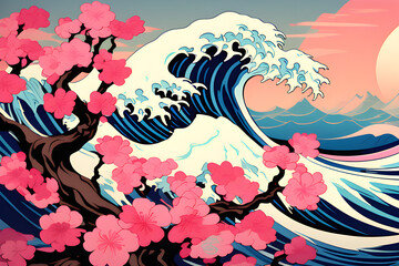 Wall Mural - delicate pink sakura and elegant wave dance: an abstract hokusai style background generative ai