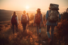 Group Of Friends Walking With Backpacks In Sunset From Back. Adventure, Travel, Tourism, Hike And People Friendship Concept