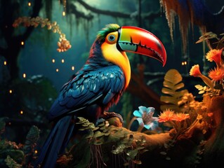 Canvas Print - A colorful toucan is sitting on a branch in the jungle. Generative AI.