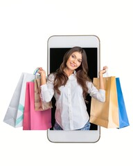 Sticker - Collage with screen of smartphone and young woman after shopping