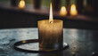 Candle, black table, metal tray, glassware, close-up