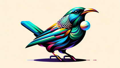 A playful and vibrant graphical style image of a happy Tui bird