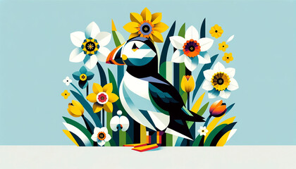 Wall Mural - puffin in spring flowers illustration