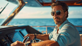 Fototapeta Miasto - A male yachtsman steers a yacht in the sea.