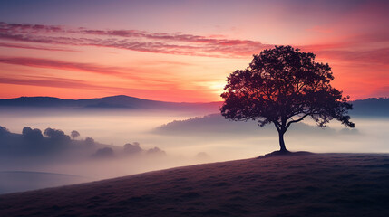  beautiful nature scene with a lone oak tree on a misty hill at dawn