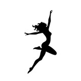 Fototapeta  - Tańcząca młoda kobieta z rozwianymi włosami. Tancerka w ekspresyjnej pozie. Czarna sylwetka na białym tle.