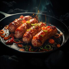 Canvas Print - Grilled sausages in a pan with smoke and peppers. Generative AI.