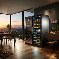 Canvas Print - A modern kitchen with a wine fridge and dining table. Generative AI.