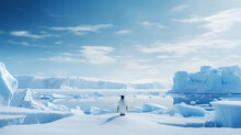 Nature Winter Background With A Lone Penguin Standing On A Vast Icy Land