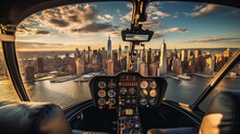 Helicopter Tour Over New York City. Helicopter Flies Over New York City, Offering Breathtaking Views