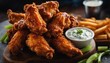 Crispy Chicken Wings, a pile of spicy buffalo wings served with blue cheese dip and celery sticks