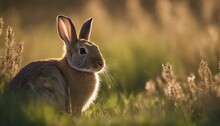 Cottontail Rabbit In Grassy Field, A Fluffy Cottontail Emerging From A Thicket Into A Sunlit Field