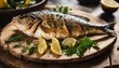 Mediterranean Grilled Sea Bass, a whole sea bass grilled with herbs and lemon, presented on a rustic