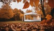 Minimalist White Cube Home Framed by Autumn Trees, the fiery leaves providing a vibrant contrast