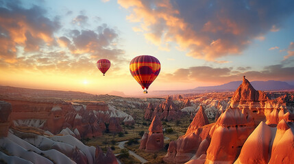 Wall Mural - Hot Air Balloon Over Cappadocia gently floats over the unique, fairy-tale rock formations