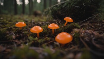 Saffron Milk Cap, the vibrant orange caps of saffron milk caps peeking out from the pine needles