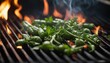 Sizzling Herbs on Grill, a close-up of fresh herbs on a flaming grill, the smoke and flames adding