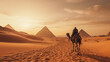camel ride in the desert with two explorers on camelback discuss the ancient history of Egypt