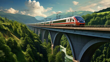Long-Distance Train Crossing A High Viaduct: A Long-distance Train Crosses A High Viaduct