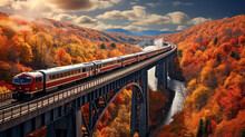 A Modern Passenger Train Crosses A High Trestle Bridge Over A River, Autumn Nature Background