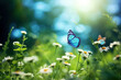 In a picturesque meadow, three butterflies gracefully dance around blooming flowers, creating a scene of natural harmony. AI generative